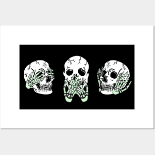 Three Skull Faces with Green Skeleton Hands Covering Eyes, Mouth, and Ears, made by EndlessEmporium Posters and Art